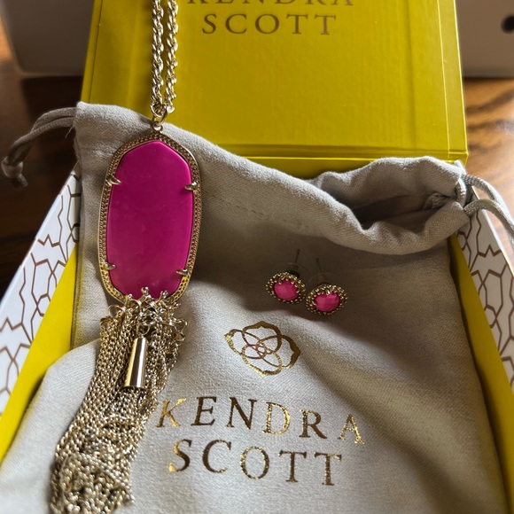 Kendra Scott Rayne Pink Stone Tassel Necklace with matching earrings. - Picture 5 of 5